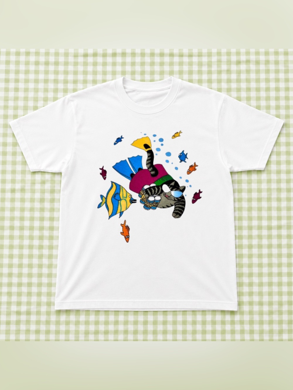 White Cat Scuba Diver Graphic Tee - Multicolor Vintage For Unisex